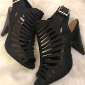 Black 4 inch, open toe heels, size 6